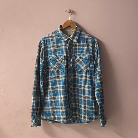 Vintage Y2K Hurley Light Blue & Cream Plaid Snap Button Flannel Shirt Size M EUC - Picture 1 of 12